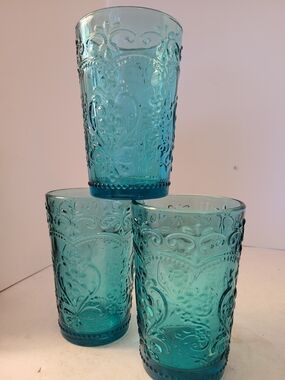 Pioneer Woman Teal Embossed Glass Tumbler - Set of 3